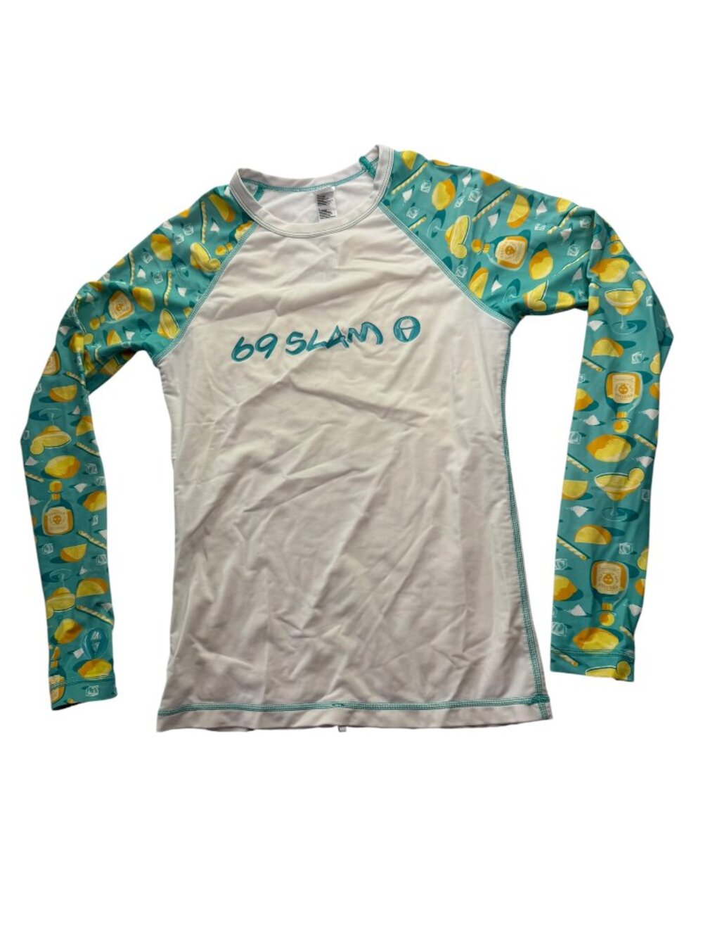 69 SLAM Rashguard Rash Guard White Blue Yellow Lemons Tequila Print.  Size XS.